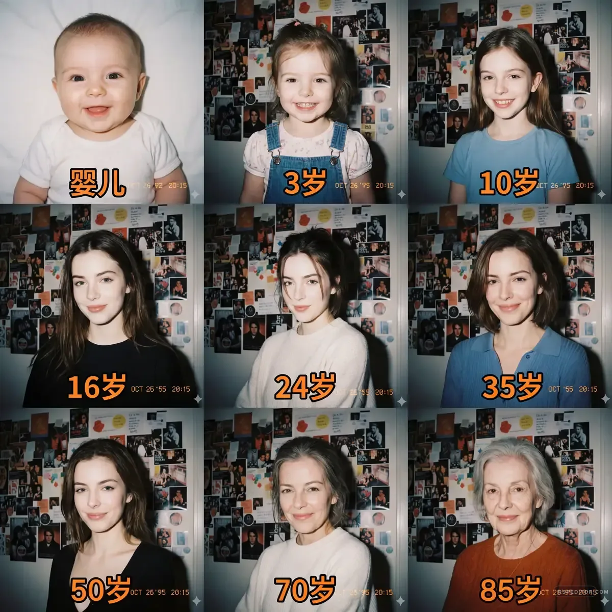 Nine-panel age timeline collage from baby to elderly portrait stages