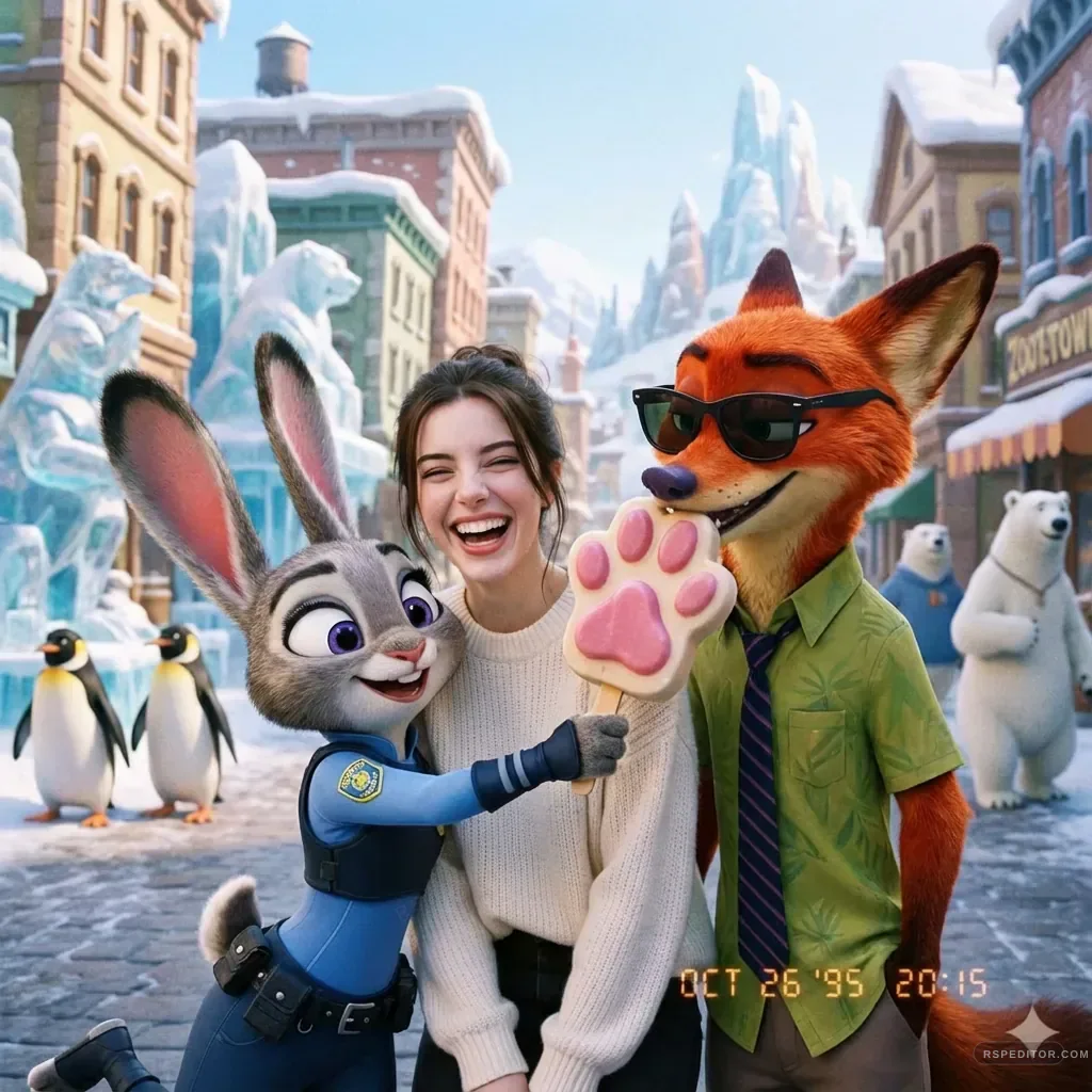 Animated city friend scene with a smiling creator and original animal-style characters in a snowy street