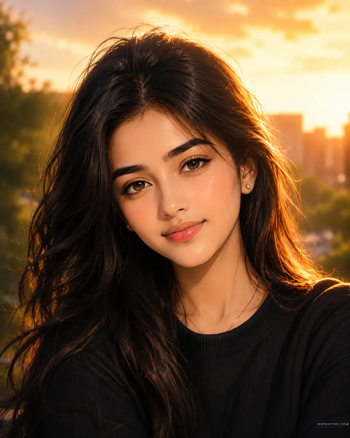 Original anime-style girl portrait with long dark hair, warm sunset rim light, and soft city park background