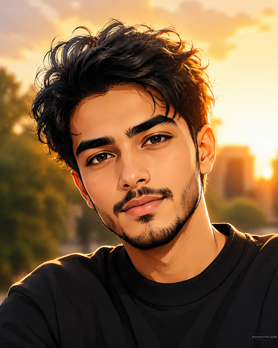 Anime-style boy selfie with golden sunset light, tousled hair, and warm city bokeh
