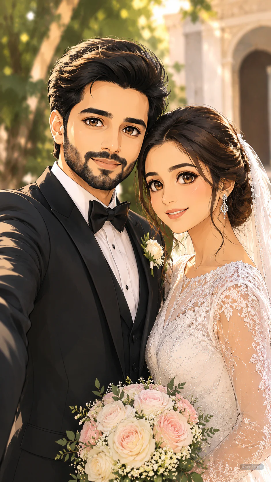 Anime-style wedding couple portrait with tuxedo, bridal veil, bouquet, and warm garden light