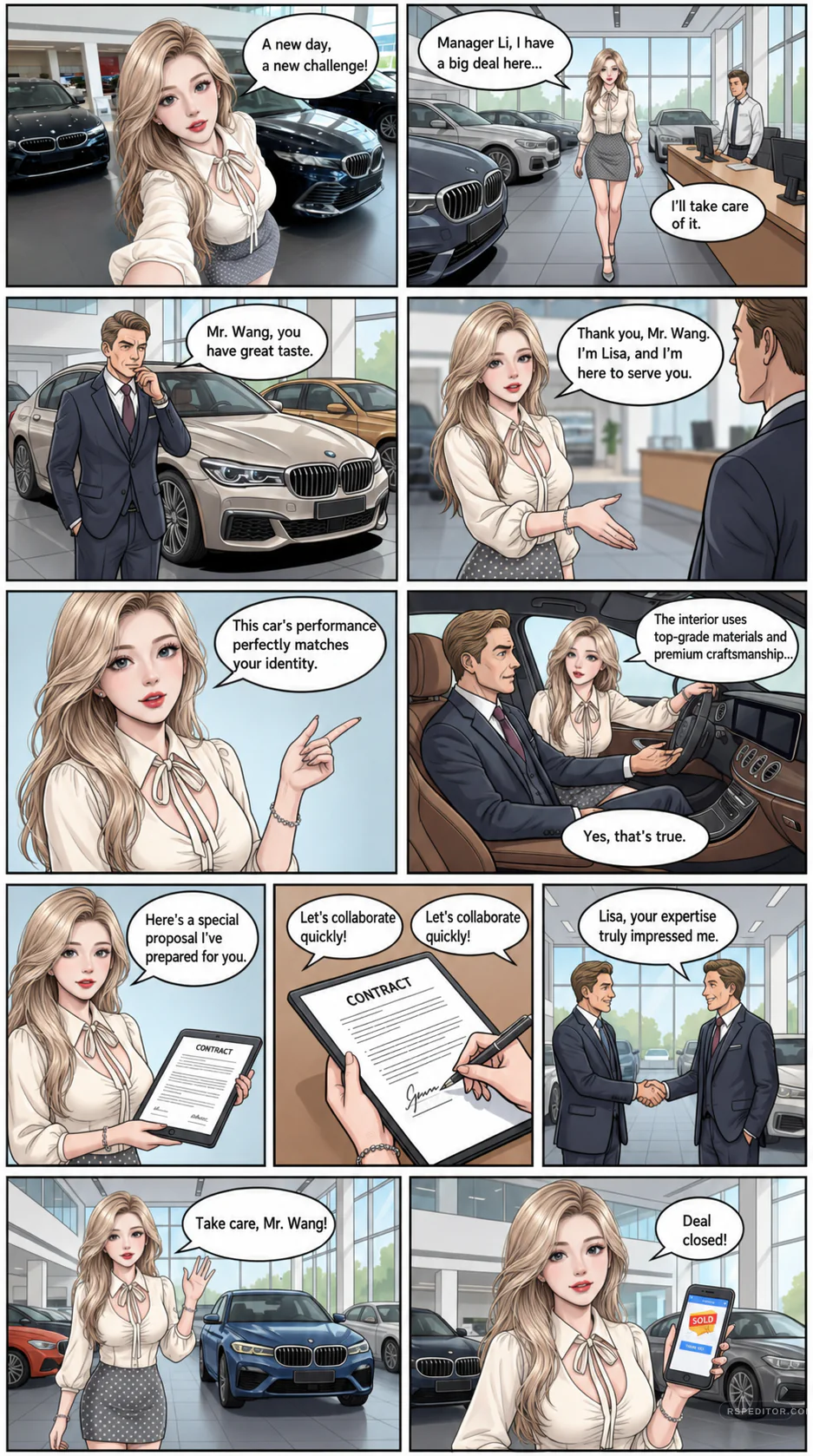 Twelve-panel original comic story of an adult sales consultant presenting cars in a bright showroom
