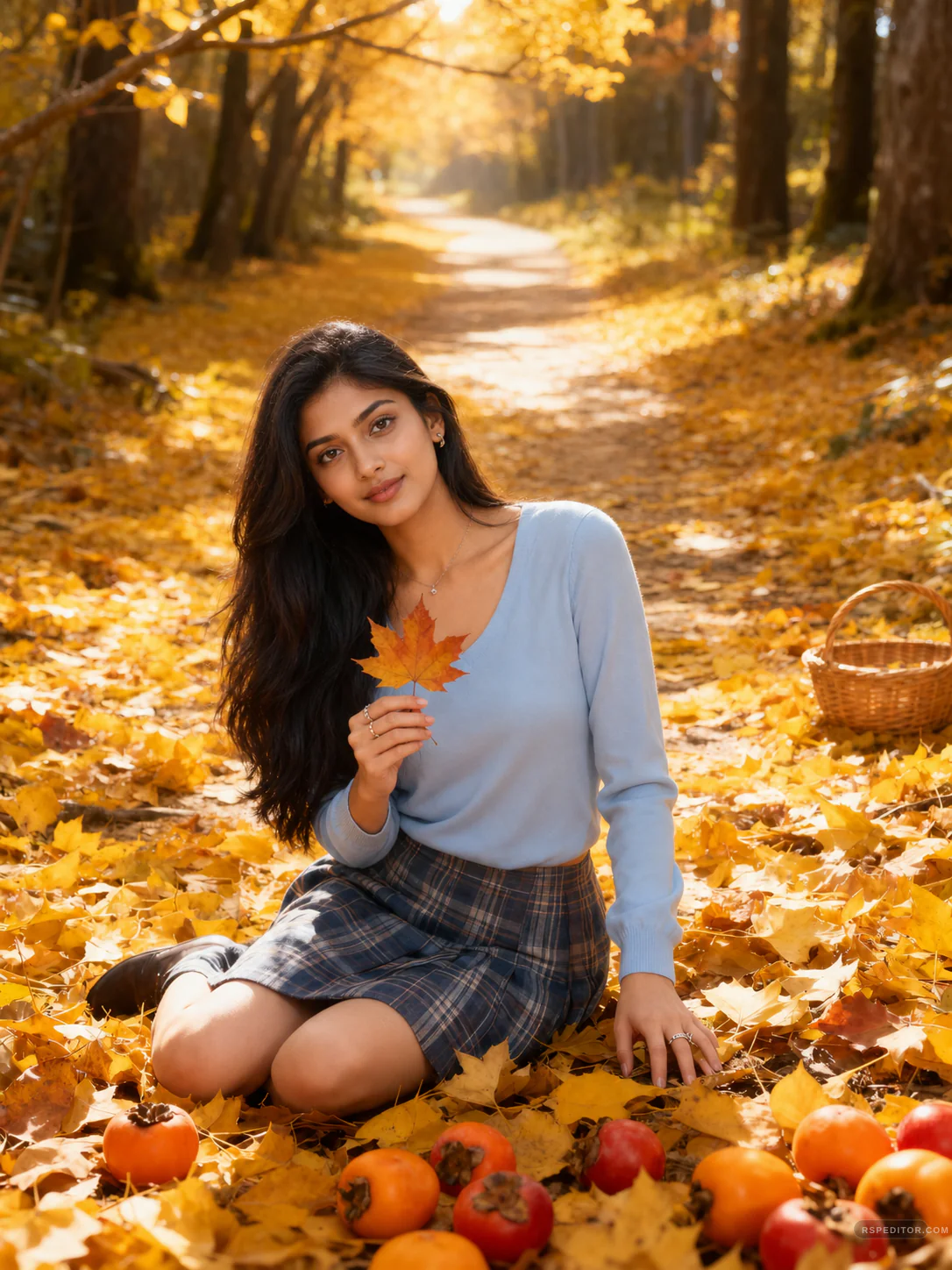 Warm autumn forest portrait with golden maple leaves and soft backlight