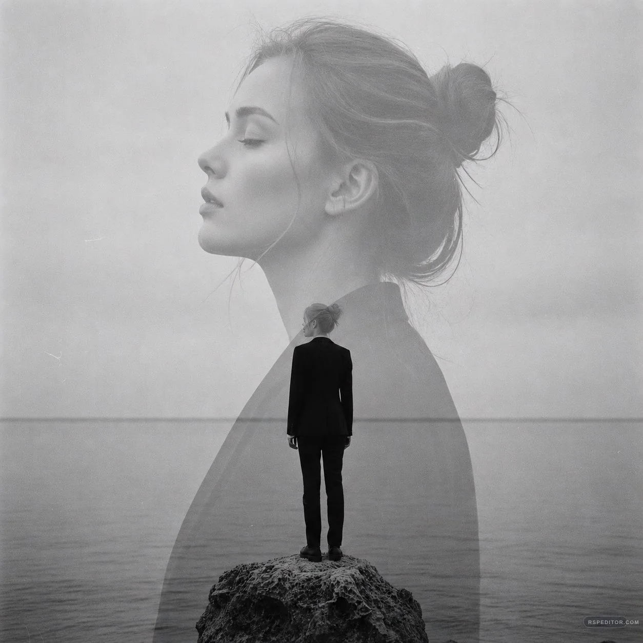Black and white double exposure portrait with ocean, distant figure, and large side-profile face