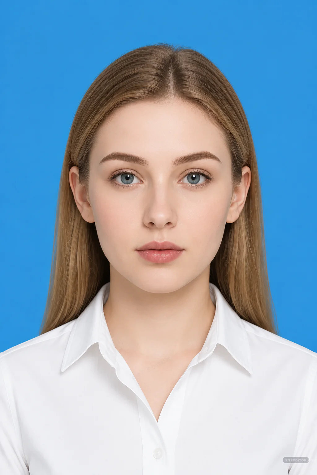 Small one-inch blue background ID photo with front-facing portrait, visible ears, and white shirt