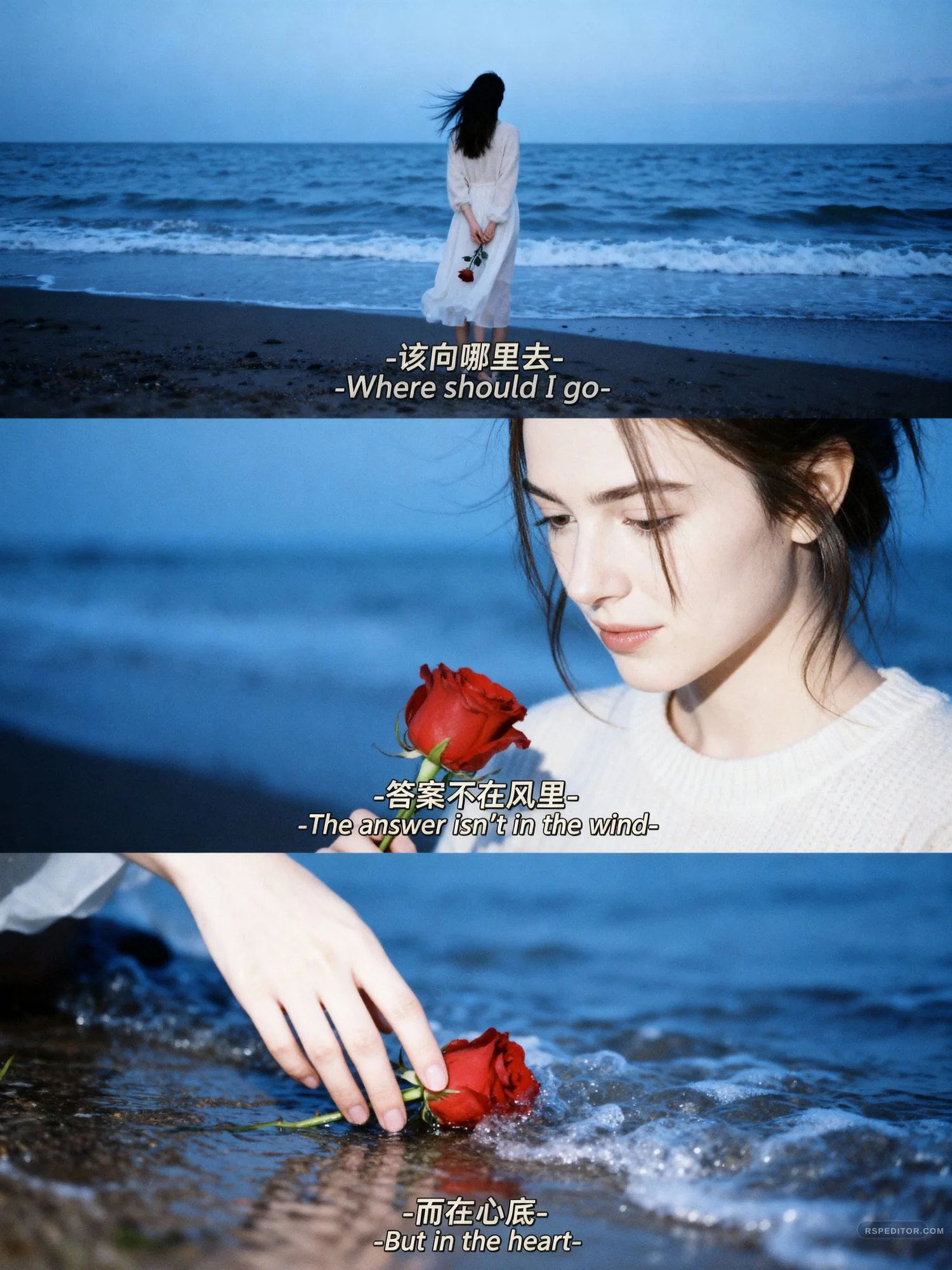 Three-frame blue-hour seaside story with a white dress, red rose, and cinematic ocean light