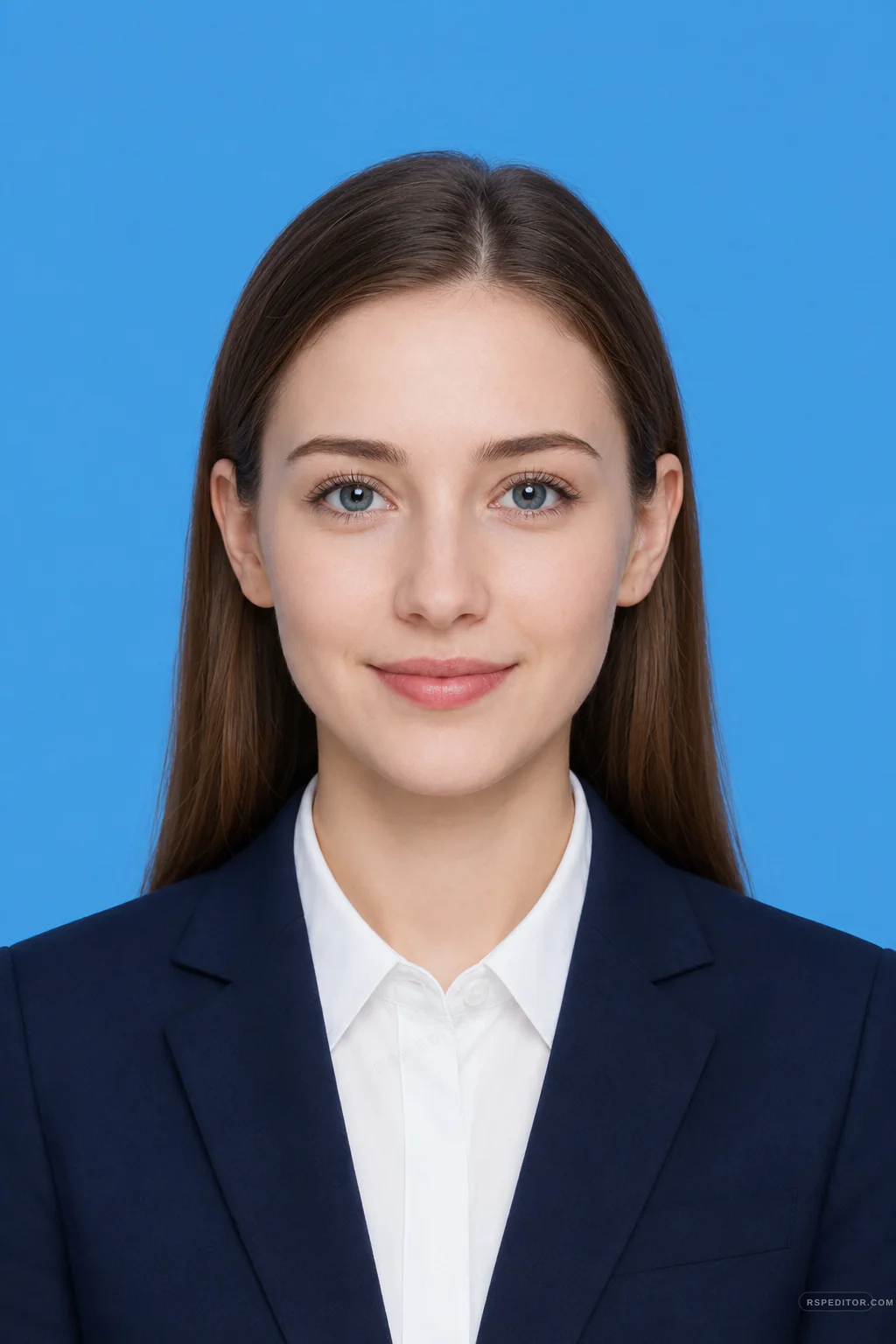 Two-inch blue background ID photo with front-facing portrait, visible ears, white shirt, and navy suit