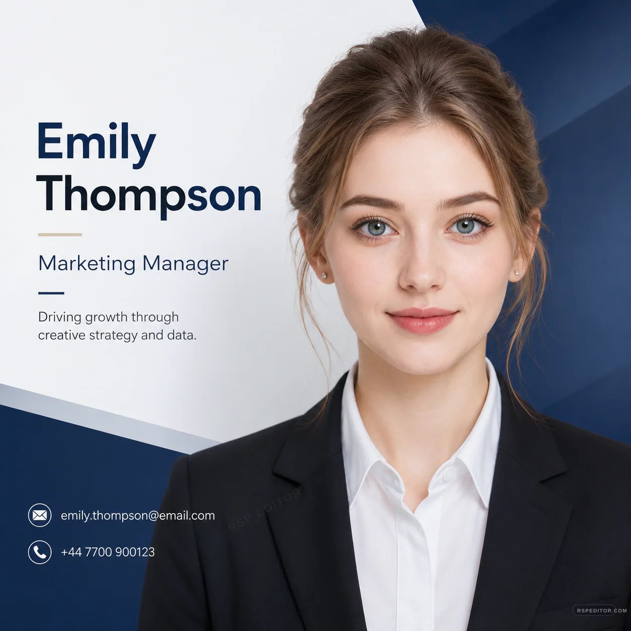 Square business profile avatar poster with formal portrait, navy geometric background, and resume-style text blocks