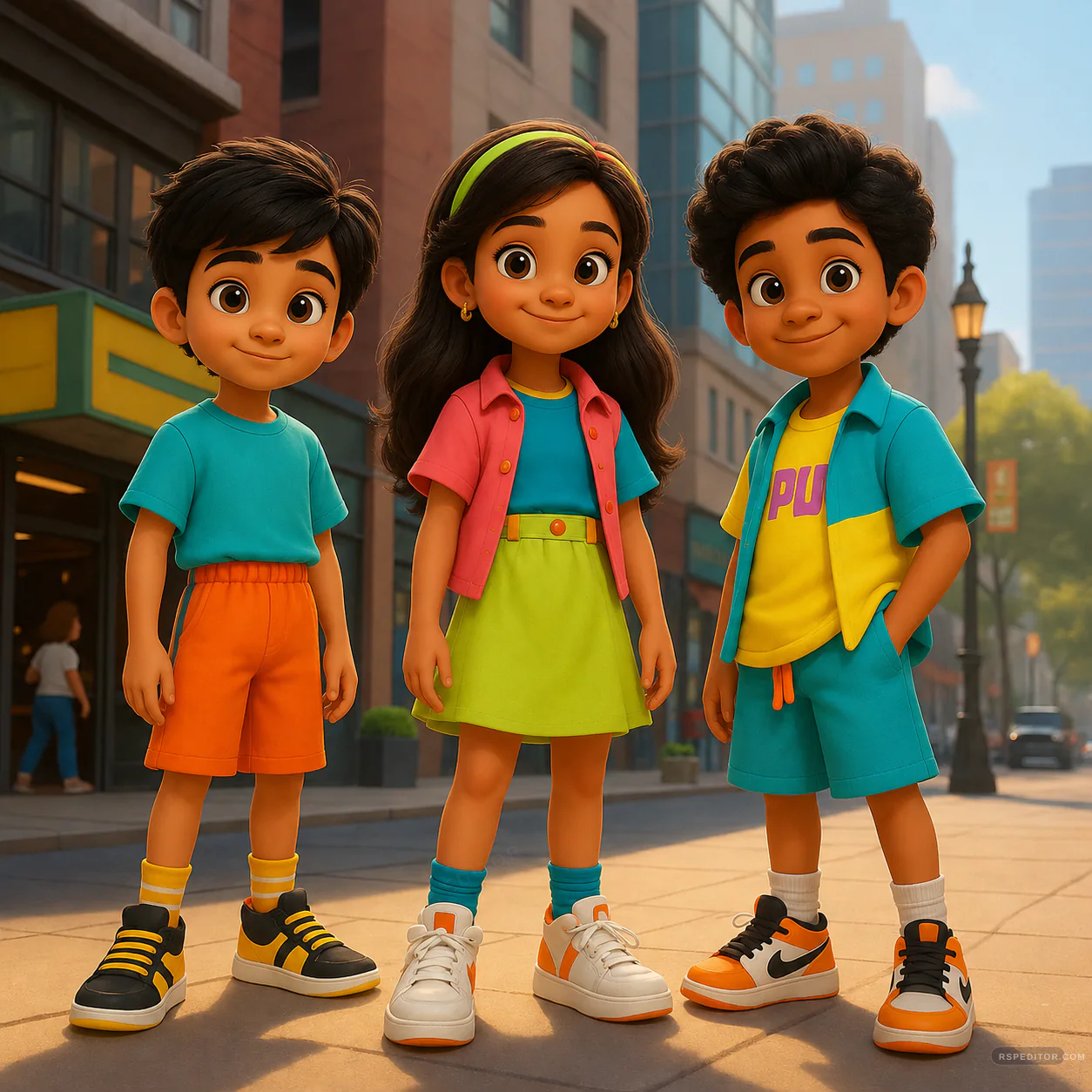 Three cheerful cartoon children in colorful original streetwear on a sunny city block
