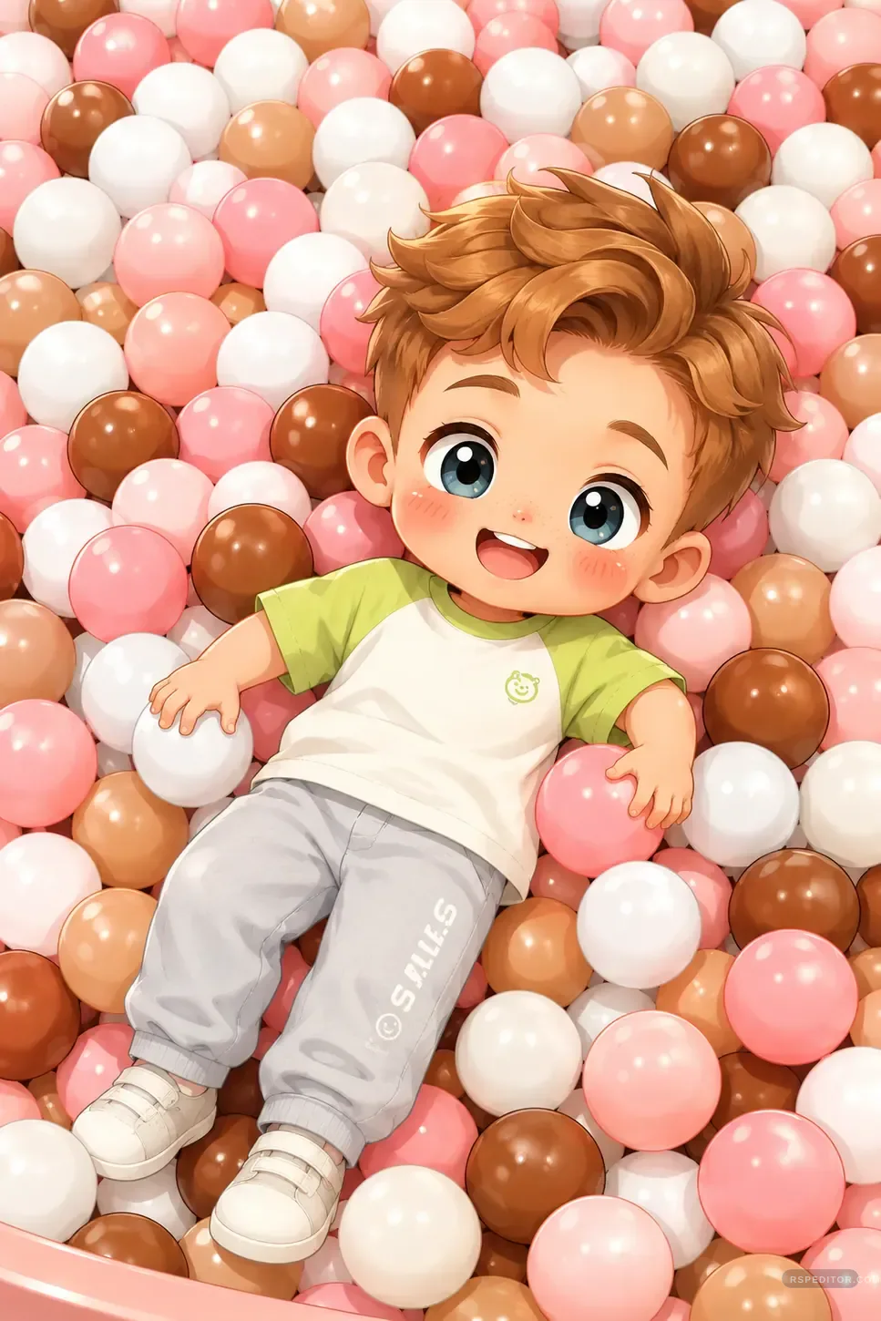 Cute cartoon child in a pastel ball pit for birthday poster style