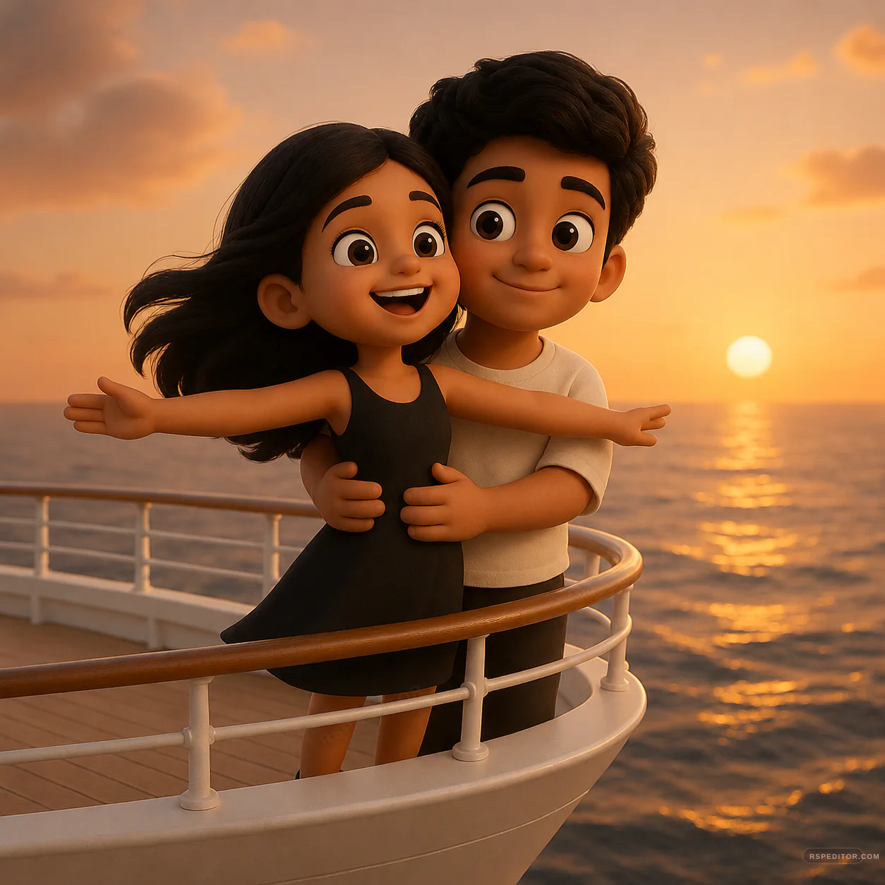 Two cheerful cartoon children enjoying a warm sunset cruise on the ocean