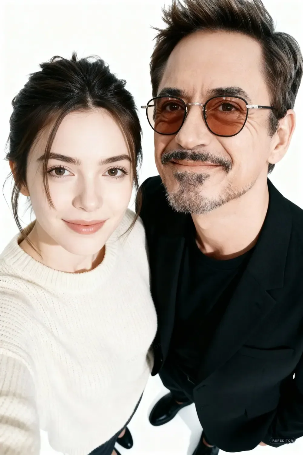High-angle cinematic duo selfie with two stylish people on a clean white background