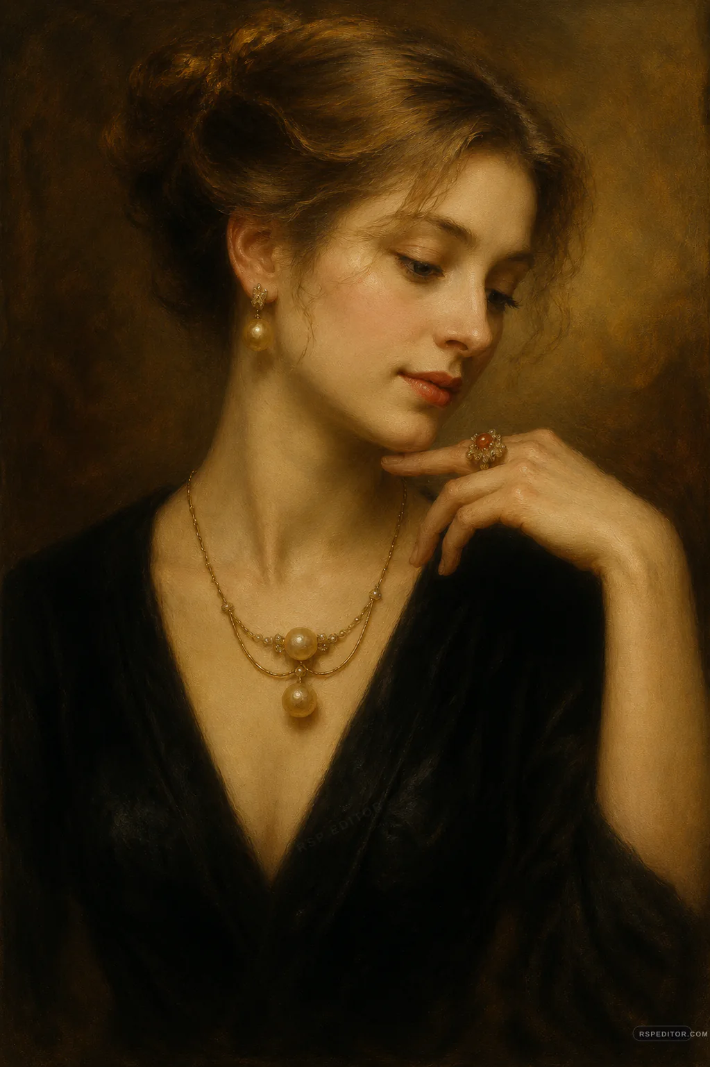 Warm umber classical oil portrait with a dark dress, pearl jewelry, and soft painterly texture