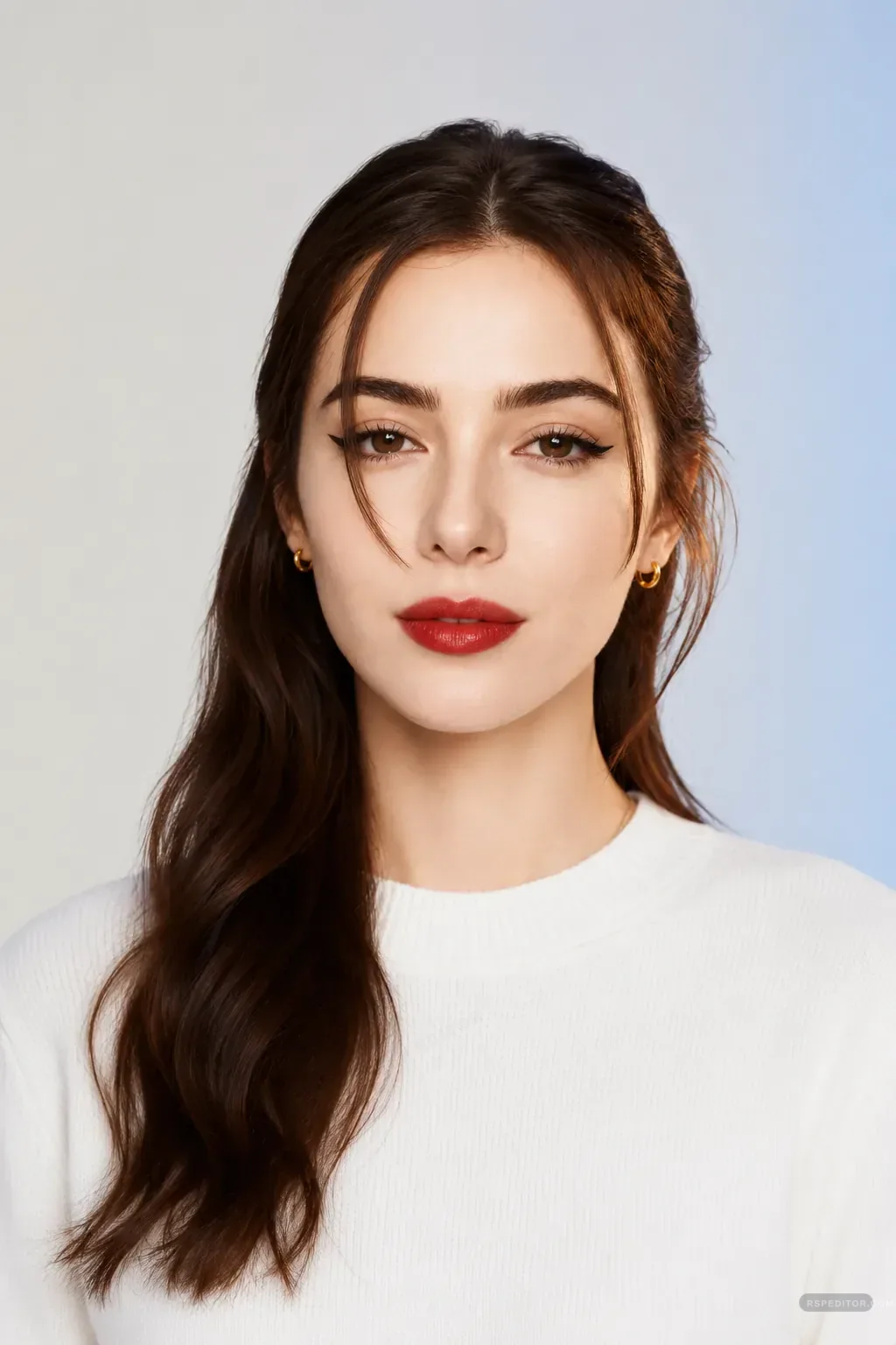 Clean studio beauty headshot with soft light, white sweater, and natural face detail