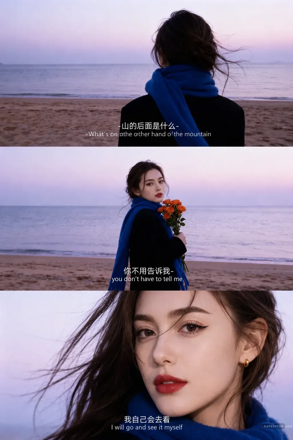 Three-panel cinematic beach story with blue scarf, roses, close-up portrait, and subtitle text