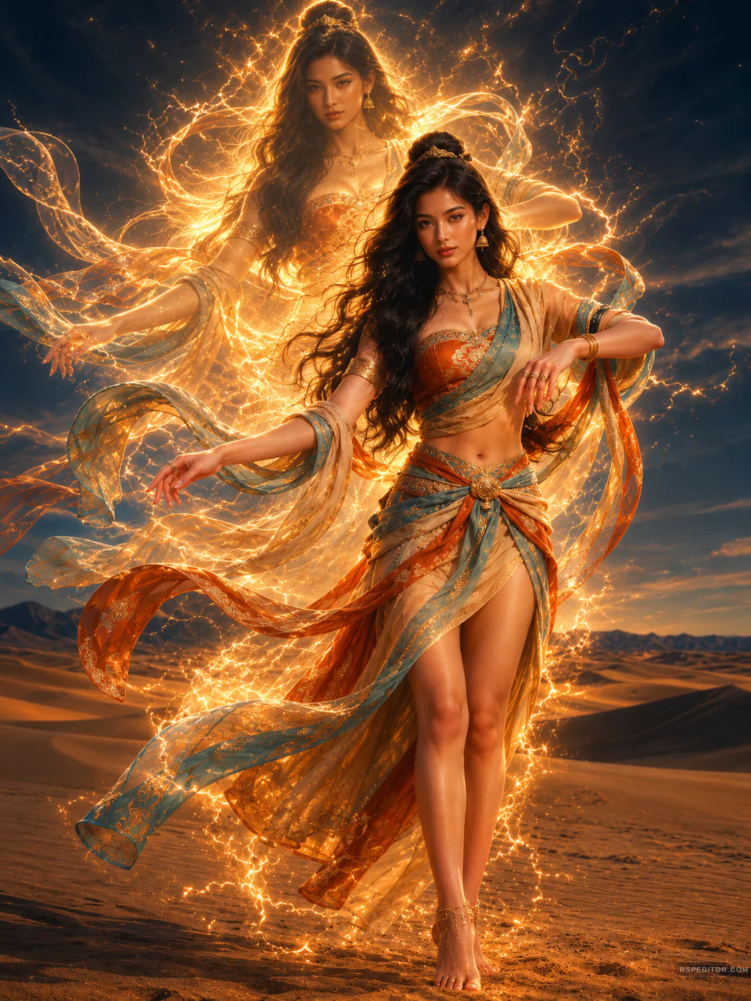 Cinematic fantasy fashion portrait in a desert with flowing fabric and golden energy trails