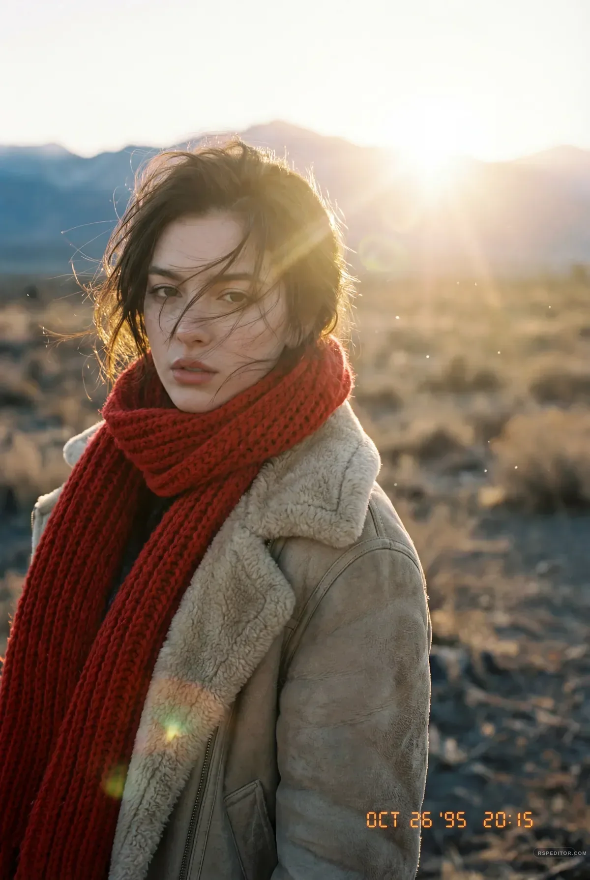 Golden desert portrait with red scarf, warm sunlight, and soft mountain background