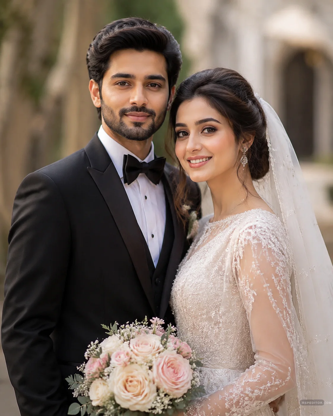 Elegant wedding couple portrait with black tuxedo, white bridal dress, veil, and pastel bouquet