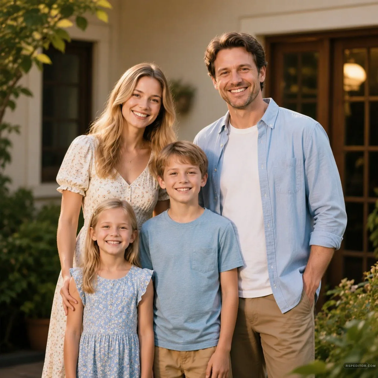 Family portrait with coordinated blue outfits in a warm garden setting