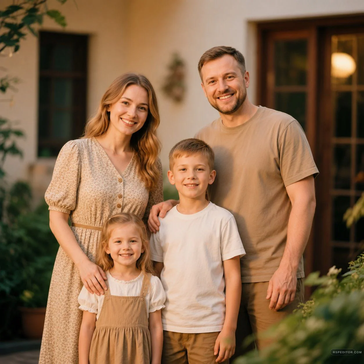 Warm garden family portrait with parents and two children in soft evening light