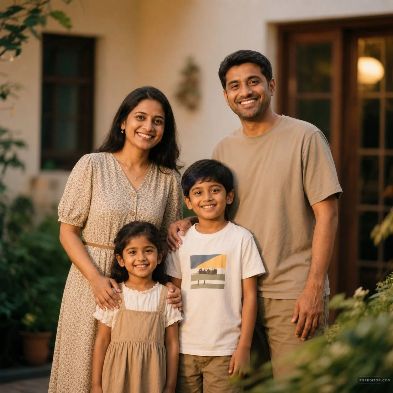 South Asian family portrait in a warm garden courtyard with natural smiles