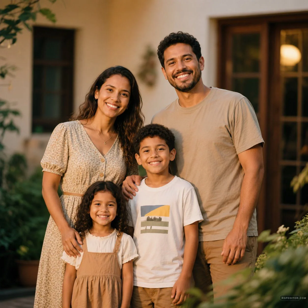 Warm garden family portrait with curly hair detail and natural smiles