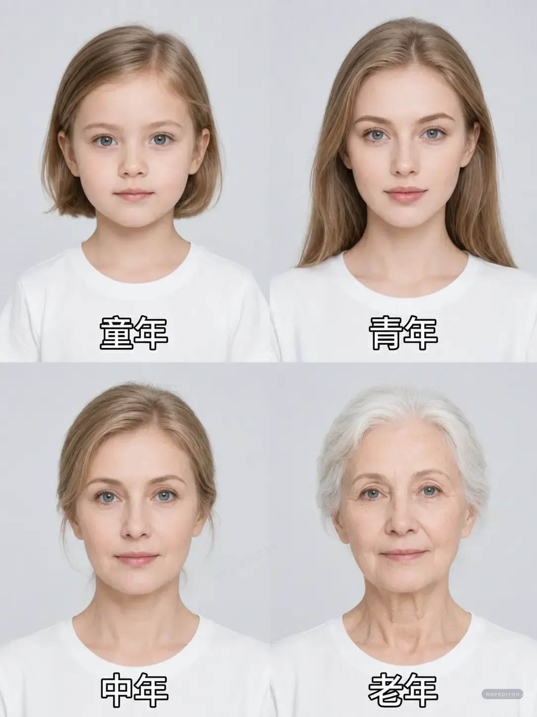 Four-panel female age progression collage from childhood to older age