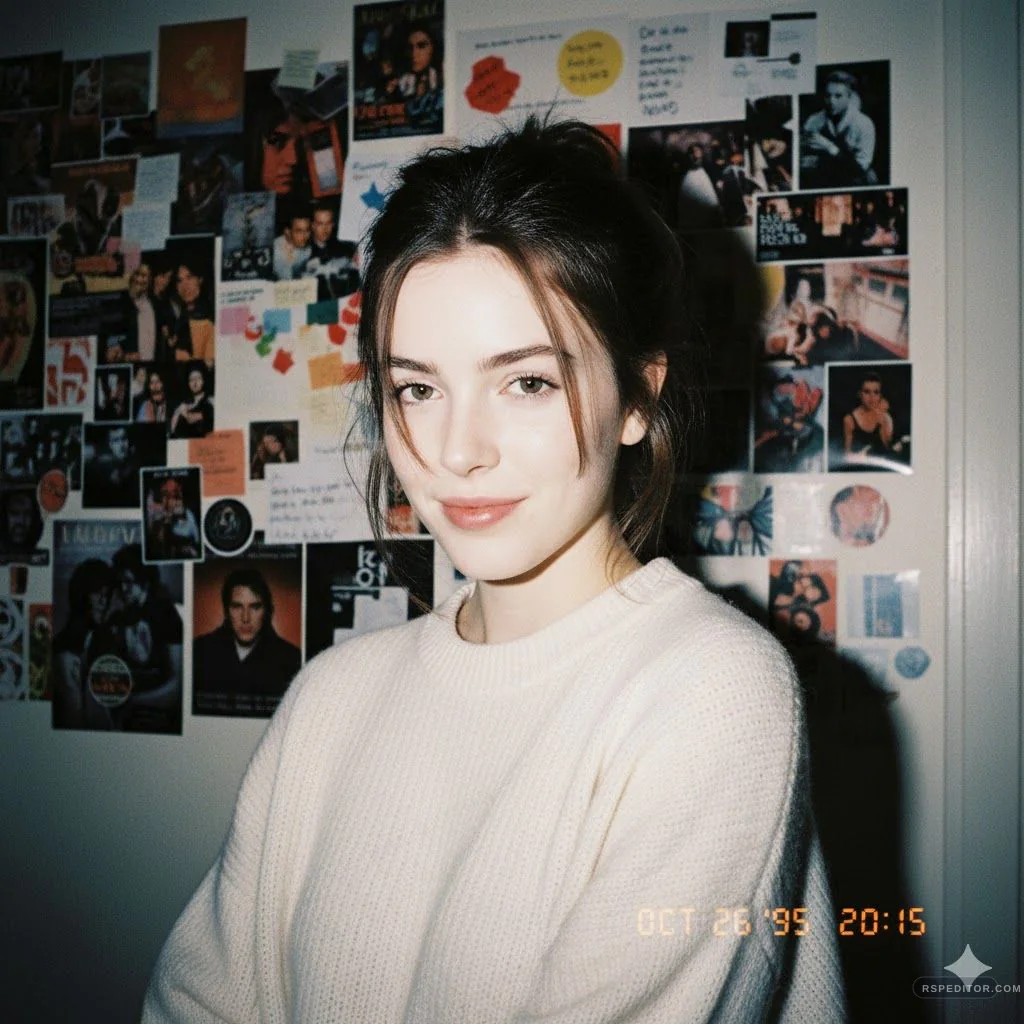 Direct flash candid portrait in front of an original creator moodboard wall with warm film texture