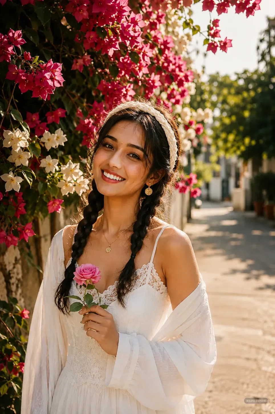 Golden hour South Asian portrait near pink flowers on a sunlit street
