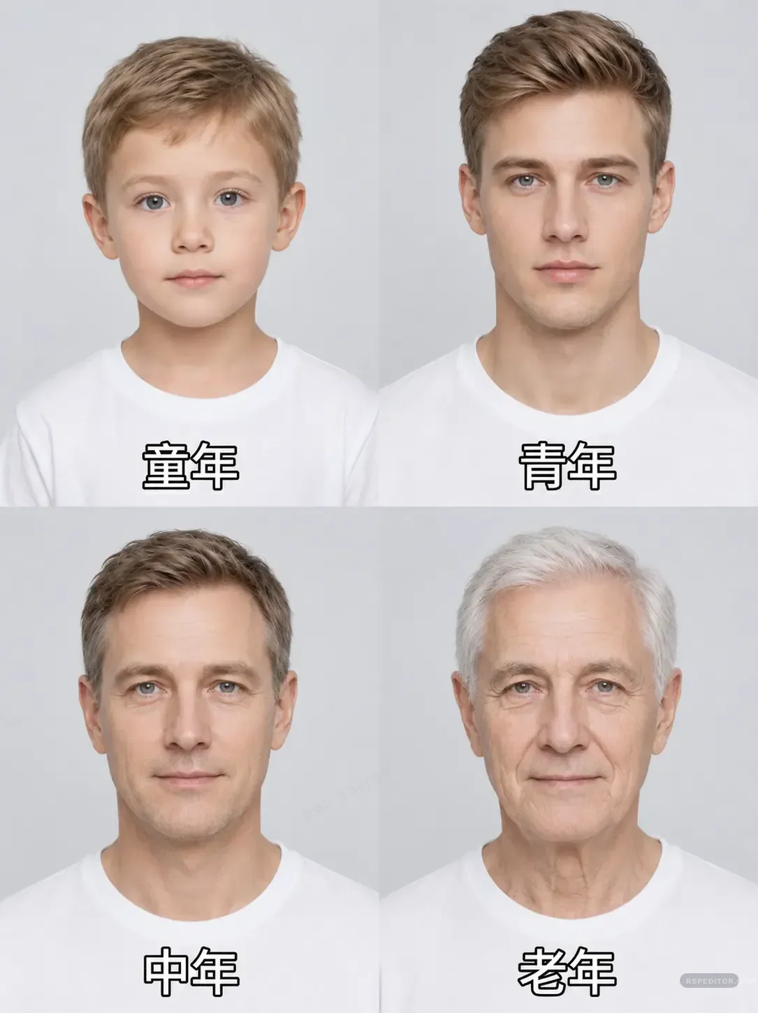Four-panel male age progression collage from childhood to older age