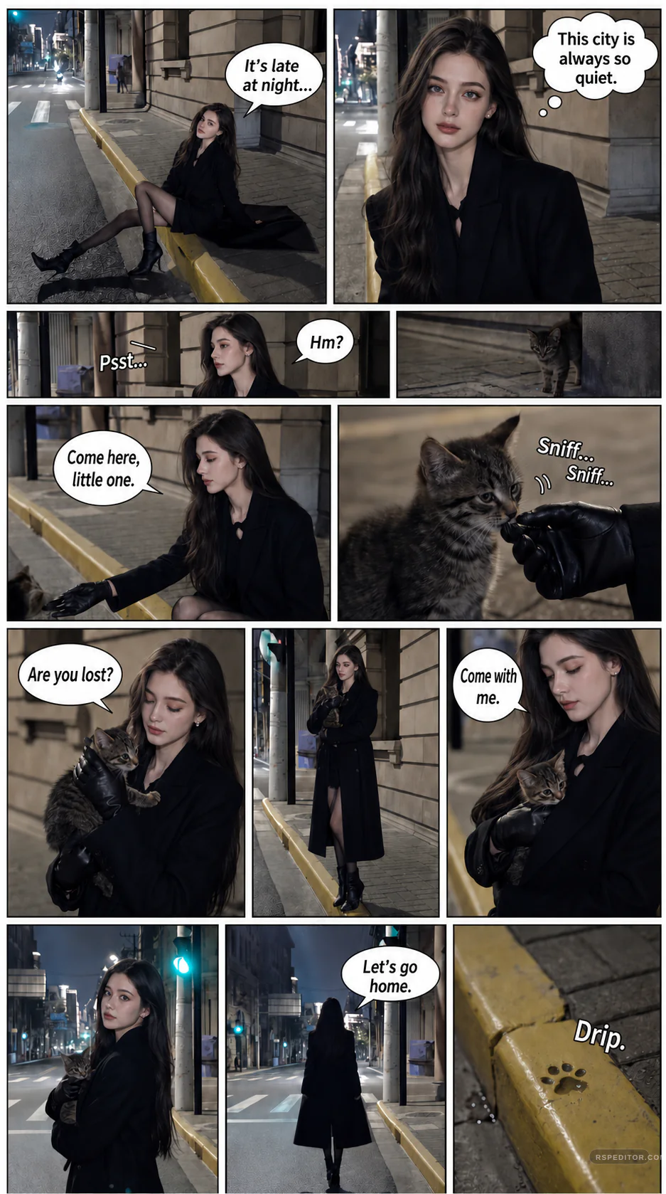 Nine-panel original comic story of a woman finding a kitten on a quiet city street at night