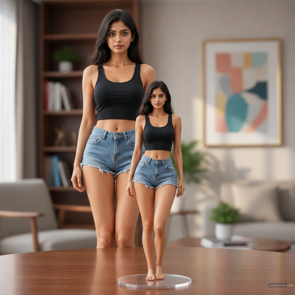 Adult portrait beside a miniature collectible figure version in a warmly lit living room