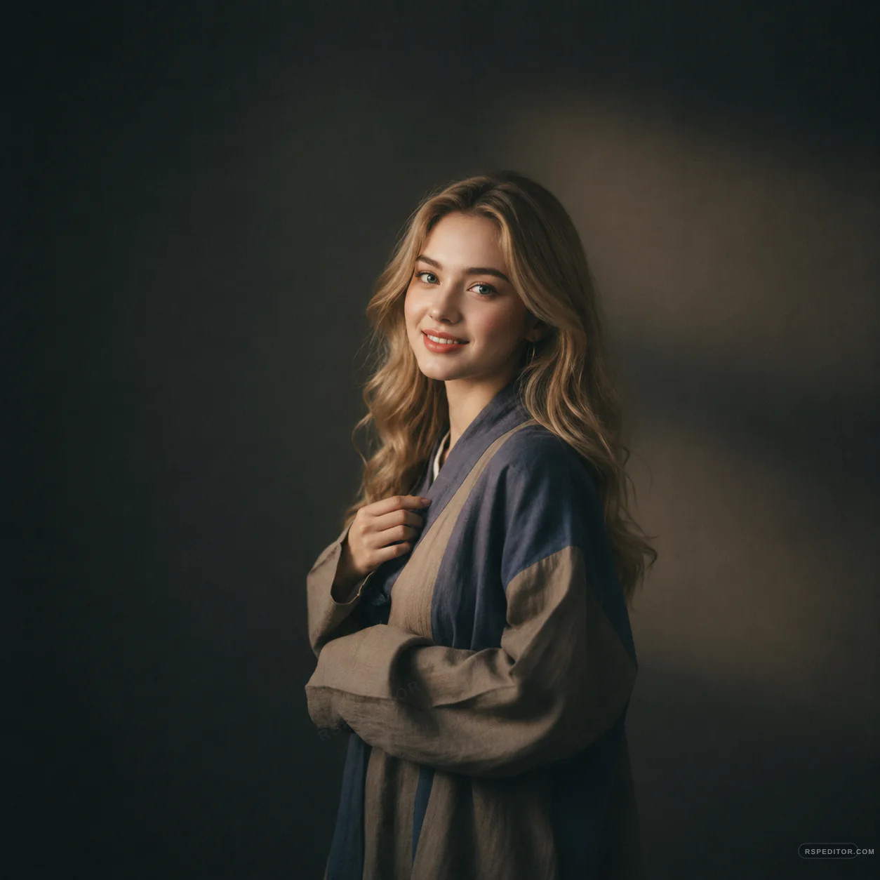 Moody studio fashion portrait with soft spotlight, dark background, and color-block outerwear