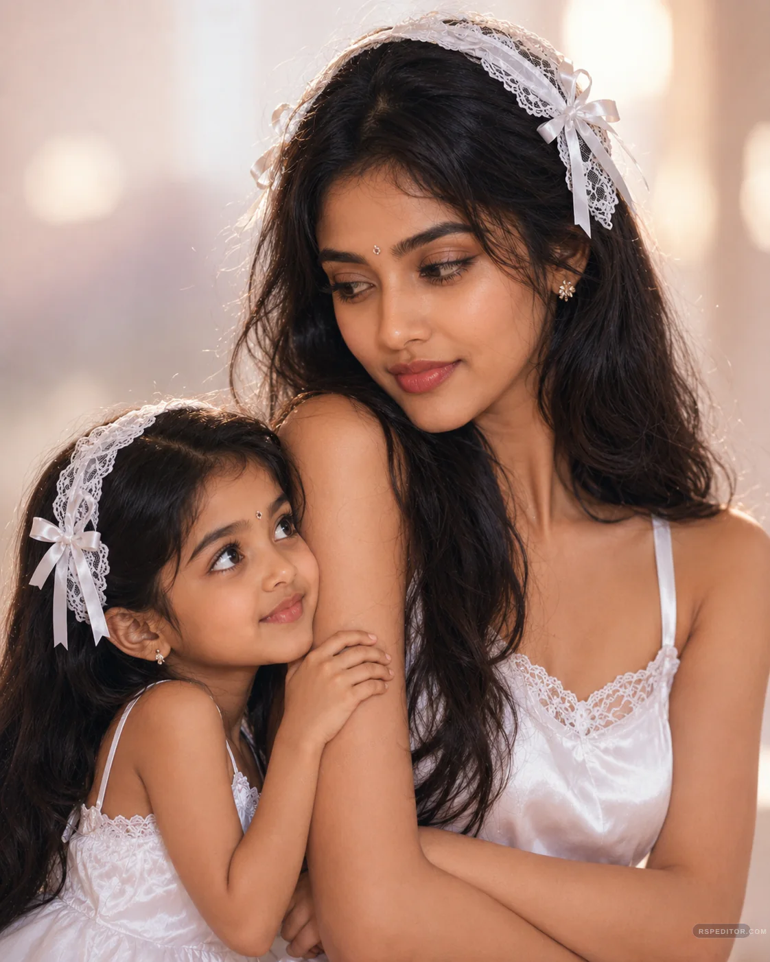 Warm mother and young daughter portrait in matching white lace outfits with gentle window light