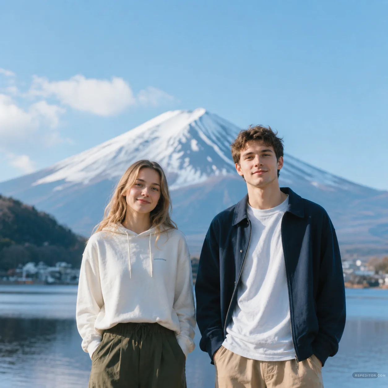 Casual couple portrait by a lake with Mount Fuji and clear blue sky behind them