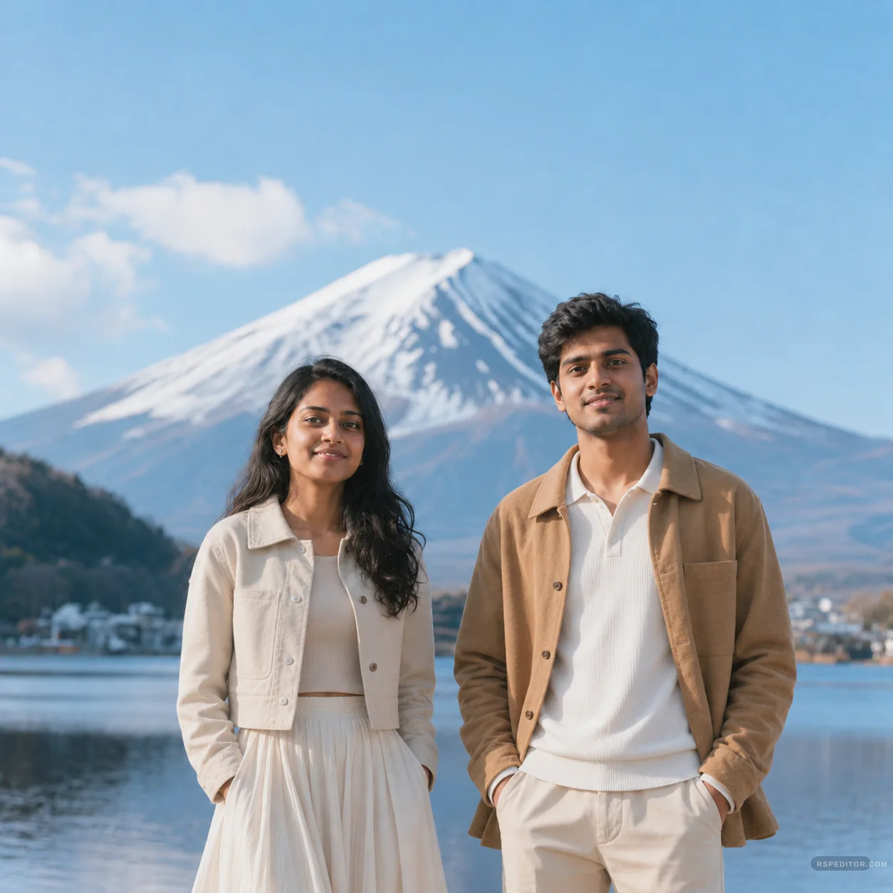 Couple travel portrait beside a lake with Mount Fuji in the background