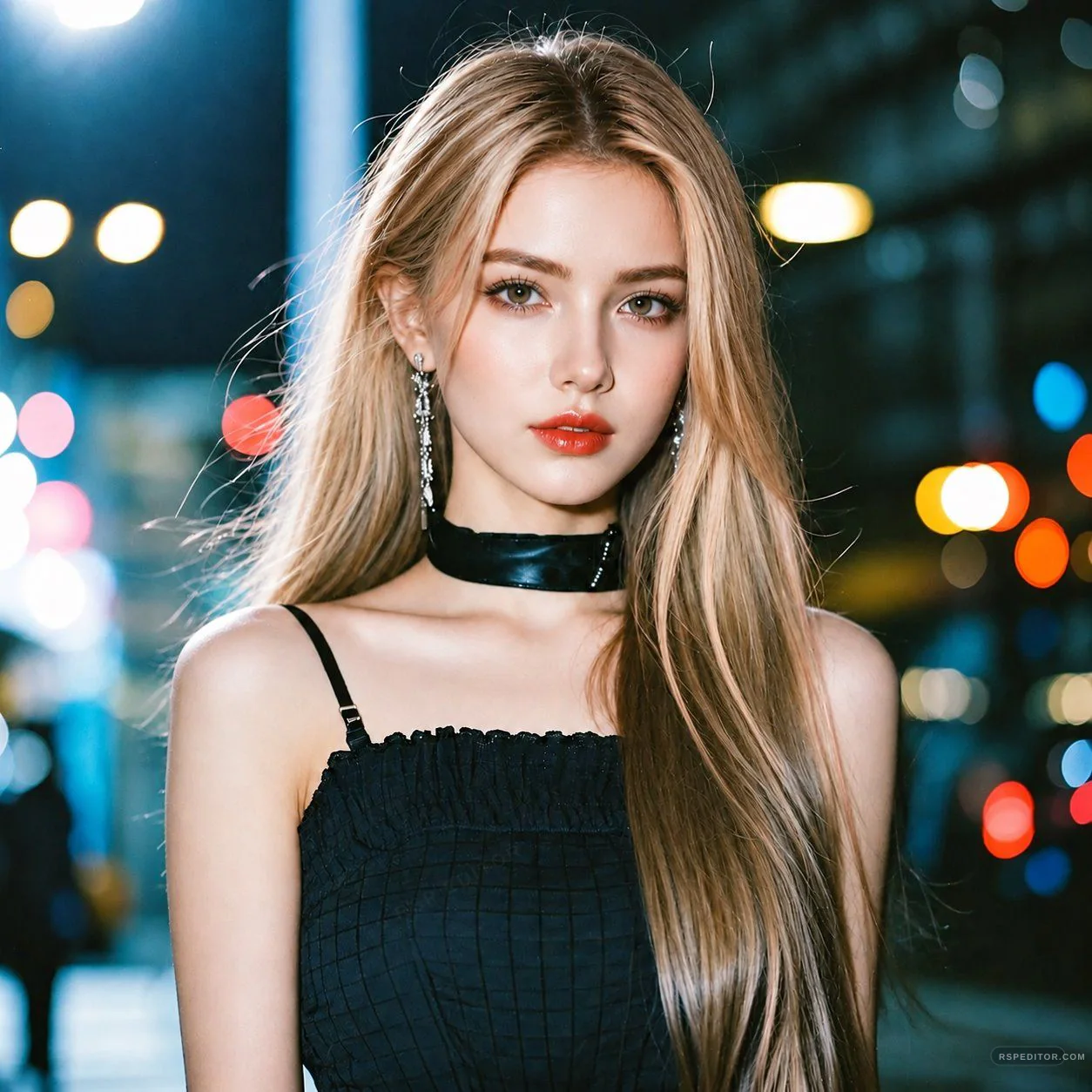 Blonde night fashion portrait with city bokeh, black outfit, and glossy light