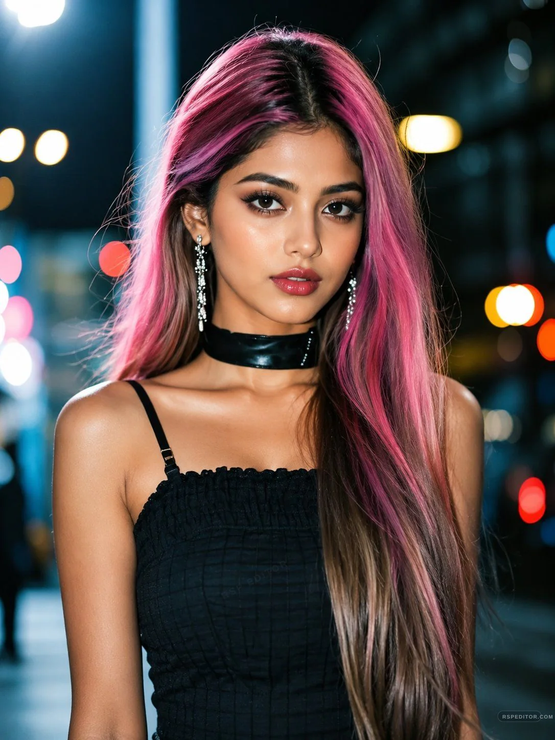 Neon night beauty portrait with pink highlighted hair and city bokeh
