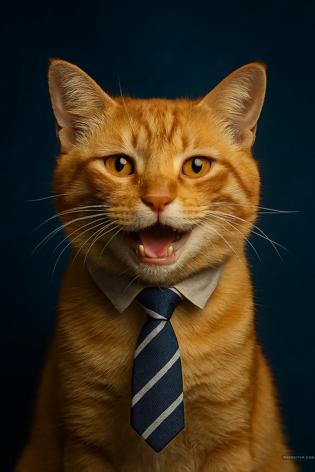 Orange cat portrait in a simple shirt and tie against a deep navy studio background