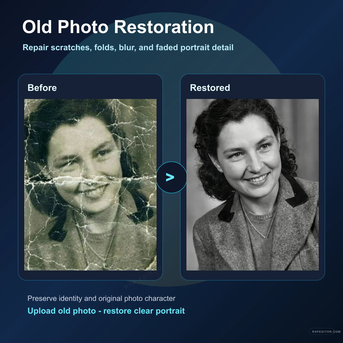 Before and after old photo restoration example repairing scratches, folds, blur, and faded portrait detail
