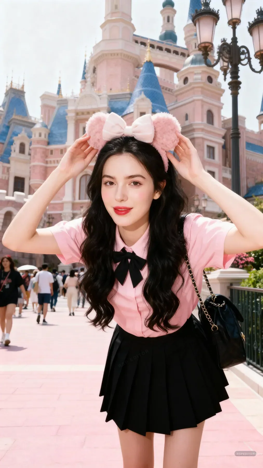 Pastel theme park portrait with pink castle background and cute hair accessories