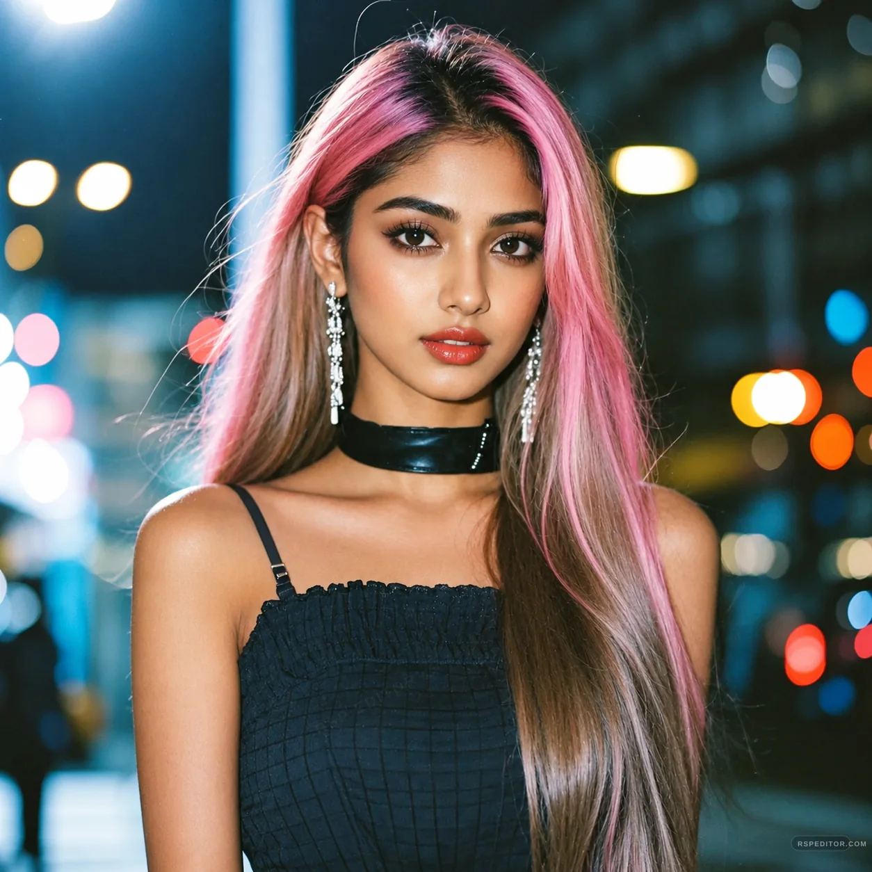 Night city fashion portrait with long pink hair, glossy black outfit, and colorful neon bokeh lights