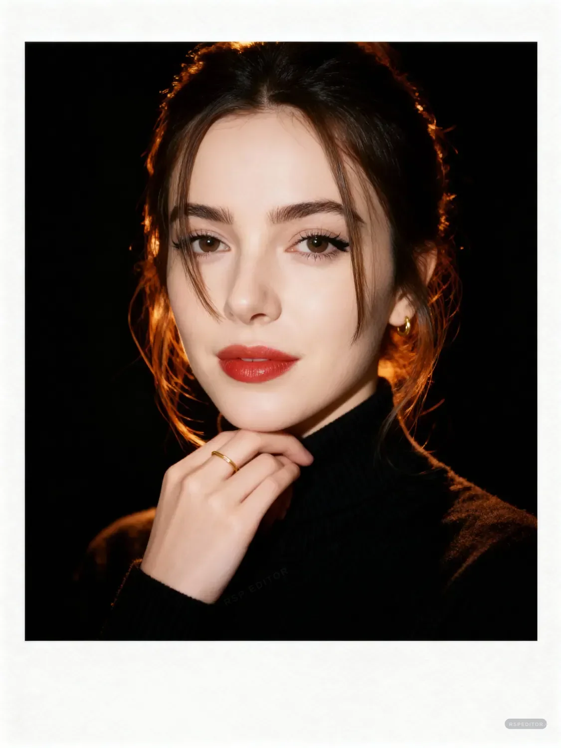 White-frame polaroid style portrait with black background and warm rim light