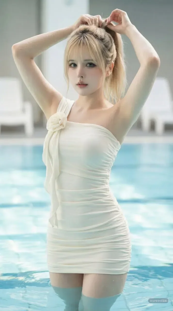 Soft poolside fashion portrait in a white dress with bright water background
