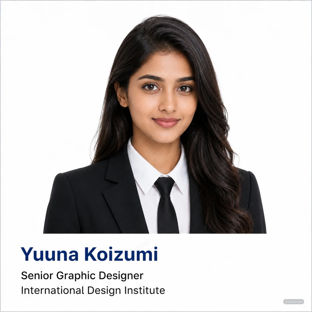 Square professional business profile card with formal portrait, white background, and blue name text