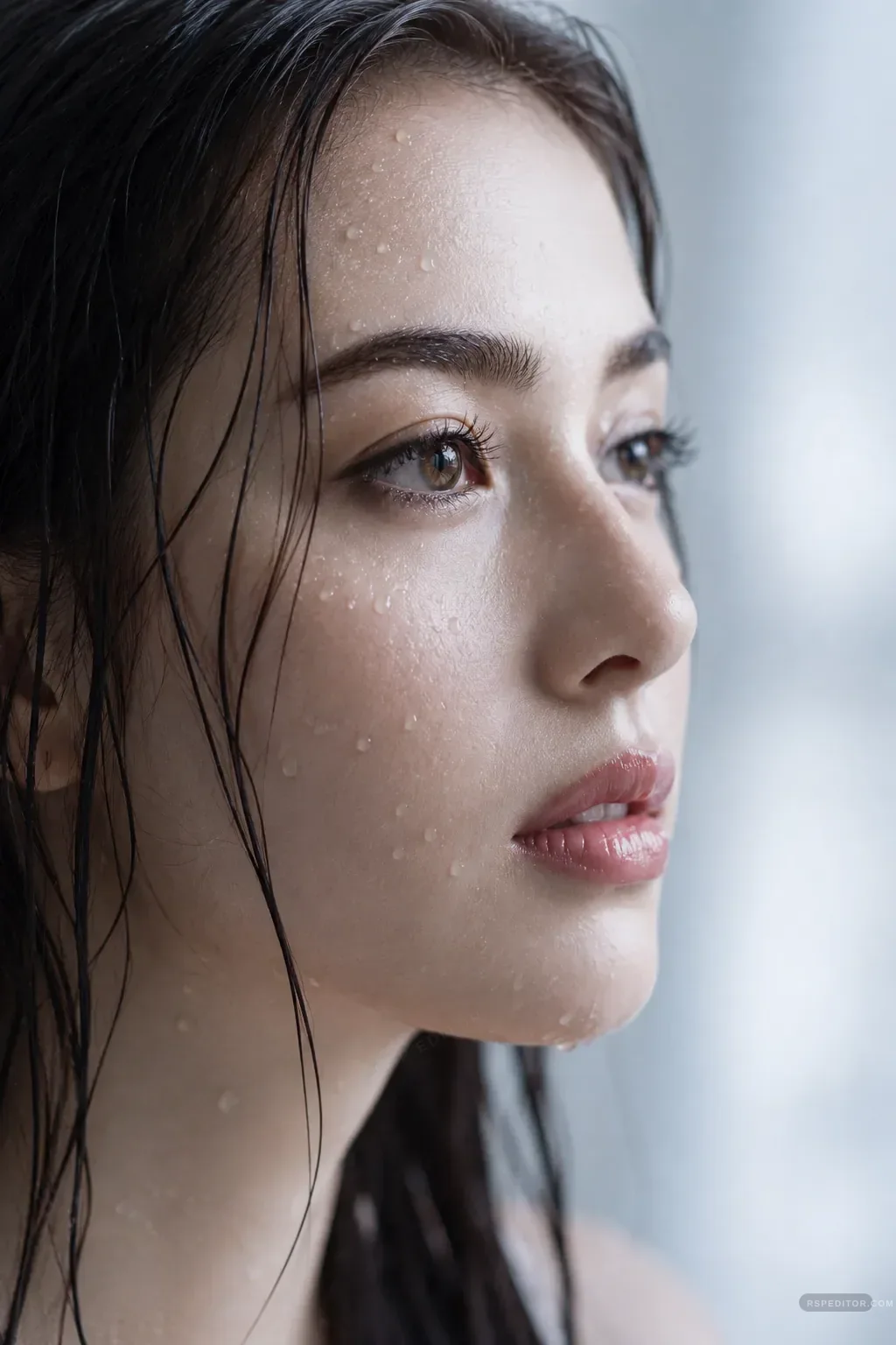 Rainy close-up beauty portrait with water droplets, wet hair, and soft cool light