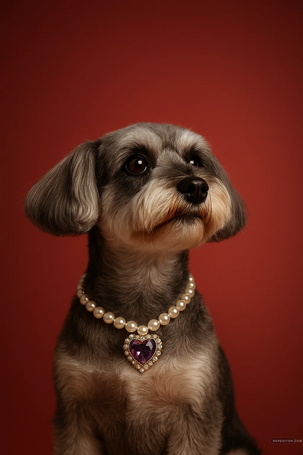 Editorial dog portrait against a deep ruby red background with a pearl heart pendant