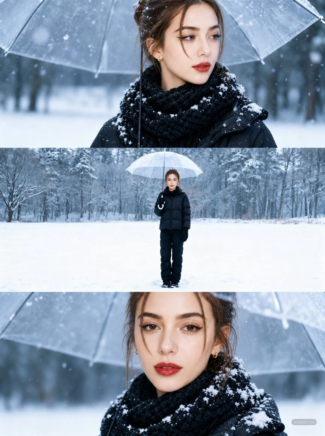 Three-panel snow umbrella cinematic story with close-up and full-body winter portrait