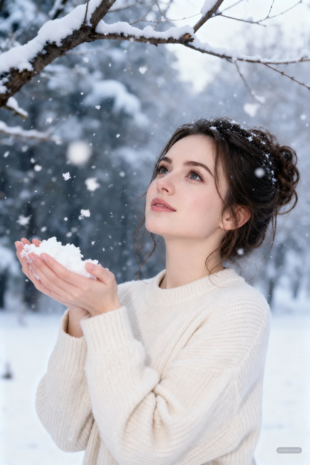Soft winter portrait beneath snowy branches with falling snow, cream knit sweater, and gentle upward gaze
