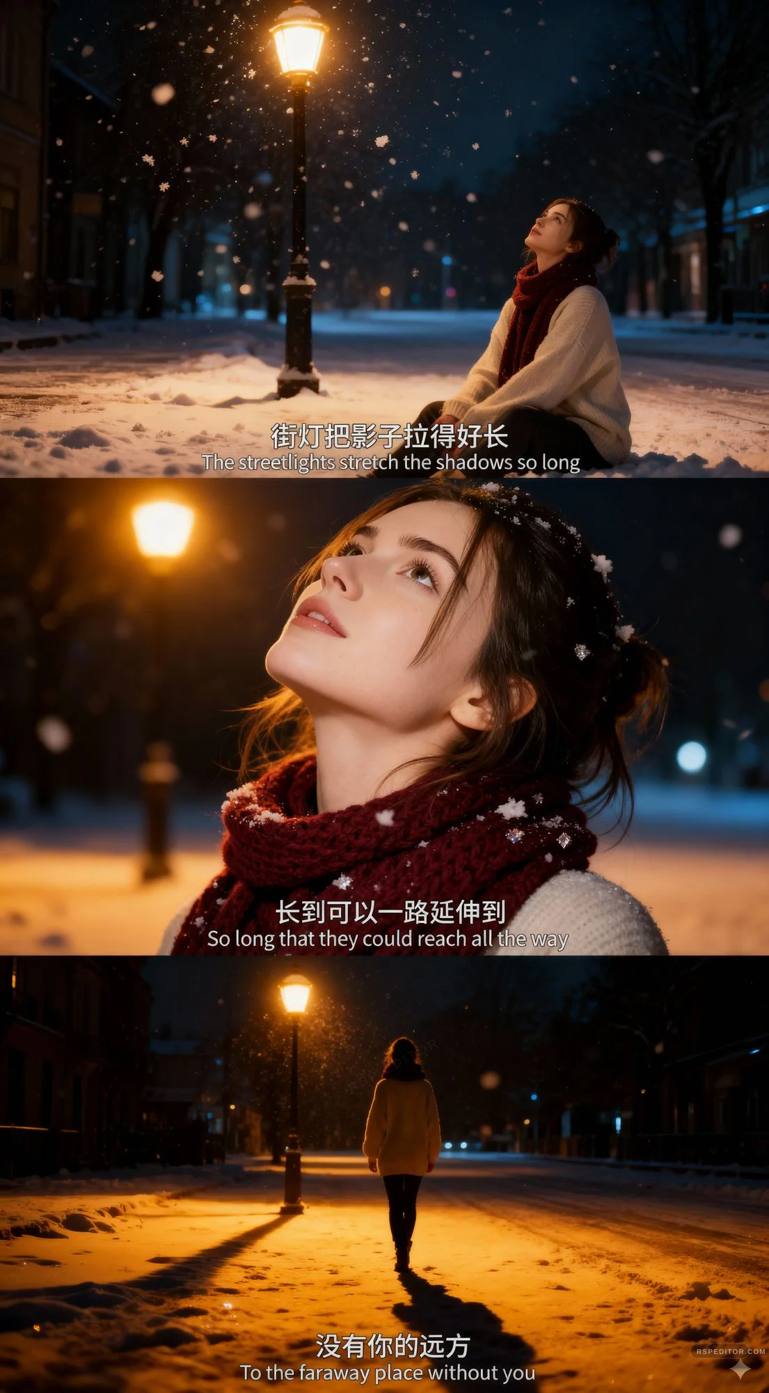 Three-frame winter streetlight story with snow, a red scarf, and warm lamplight at night